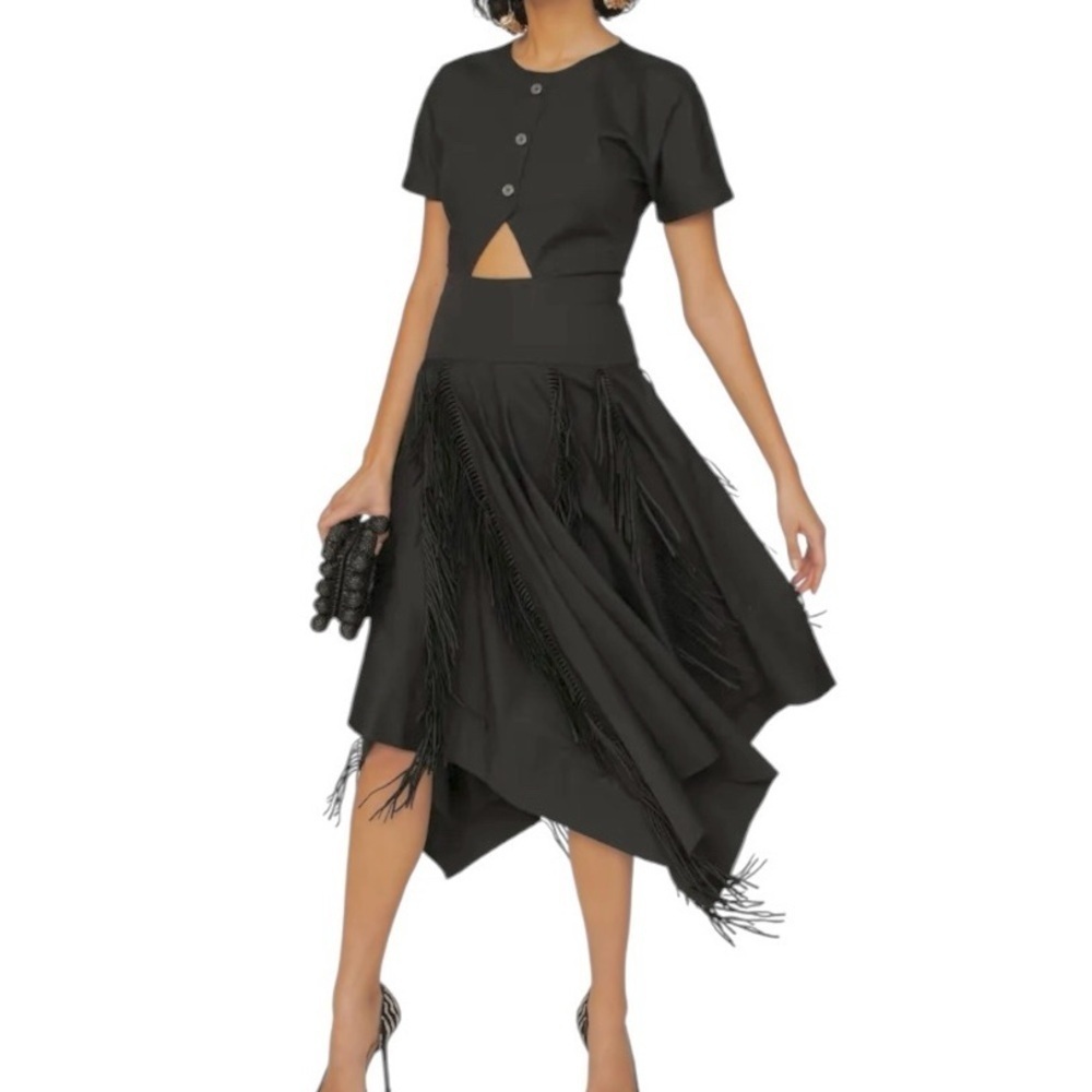 Bibhu Mohapatra Collective Cutout Fringe Dress in Black Cotton Poplin Size 6